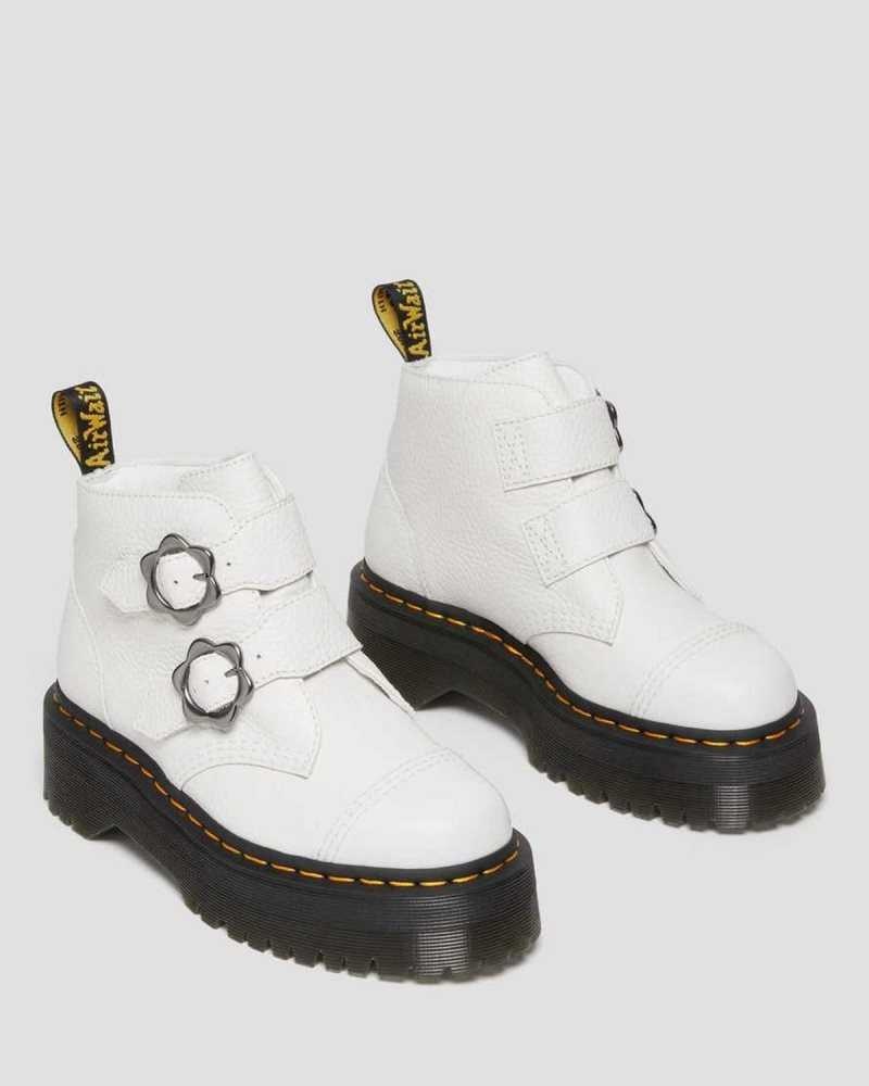 White Dr. Martens Devon Flower Buckle Leather Platform Boots | CZXYG6087