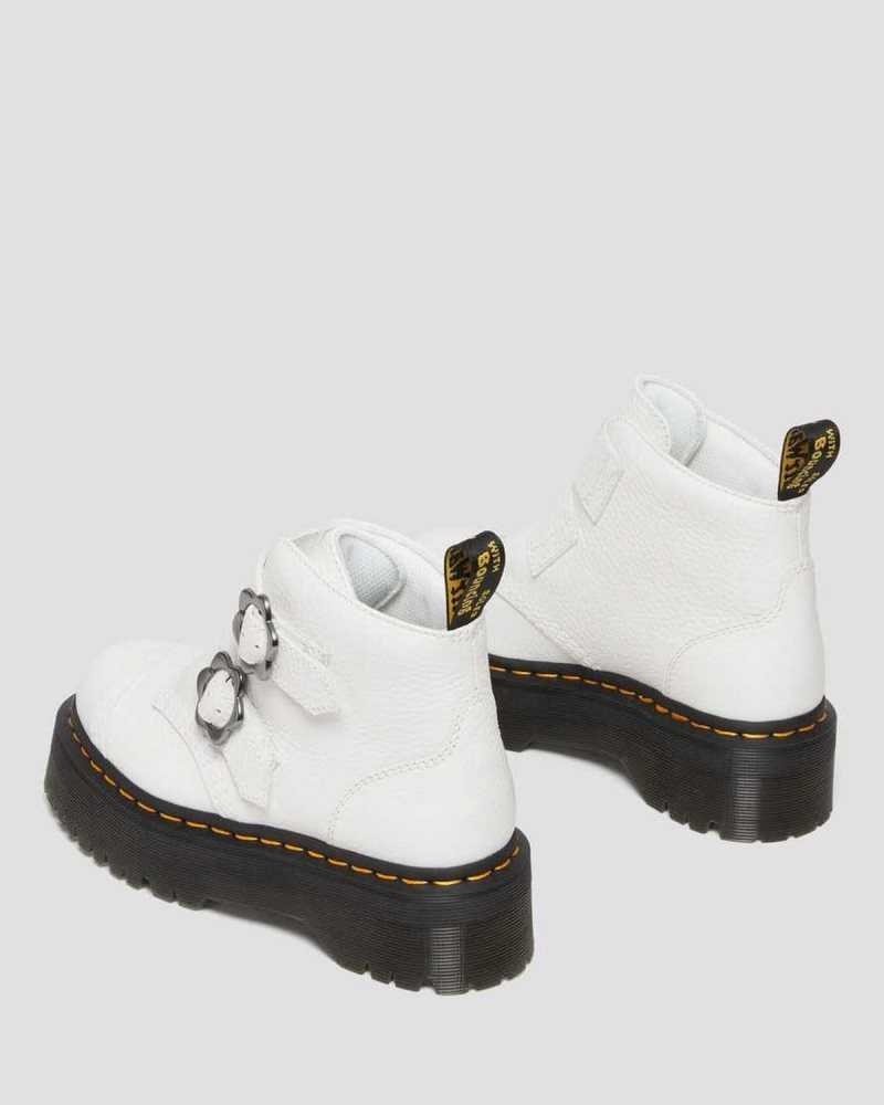 White Dr. Martens Devon Flower Buckle Leather Platform Boots | CZXYG6087